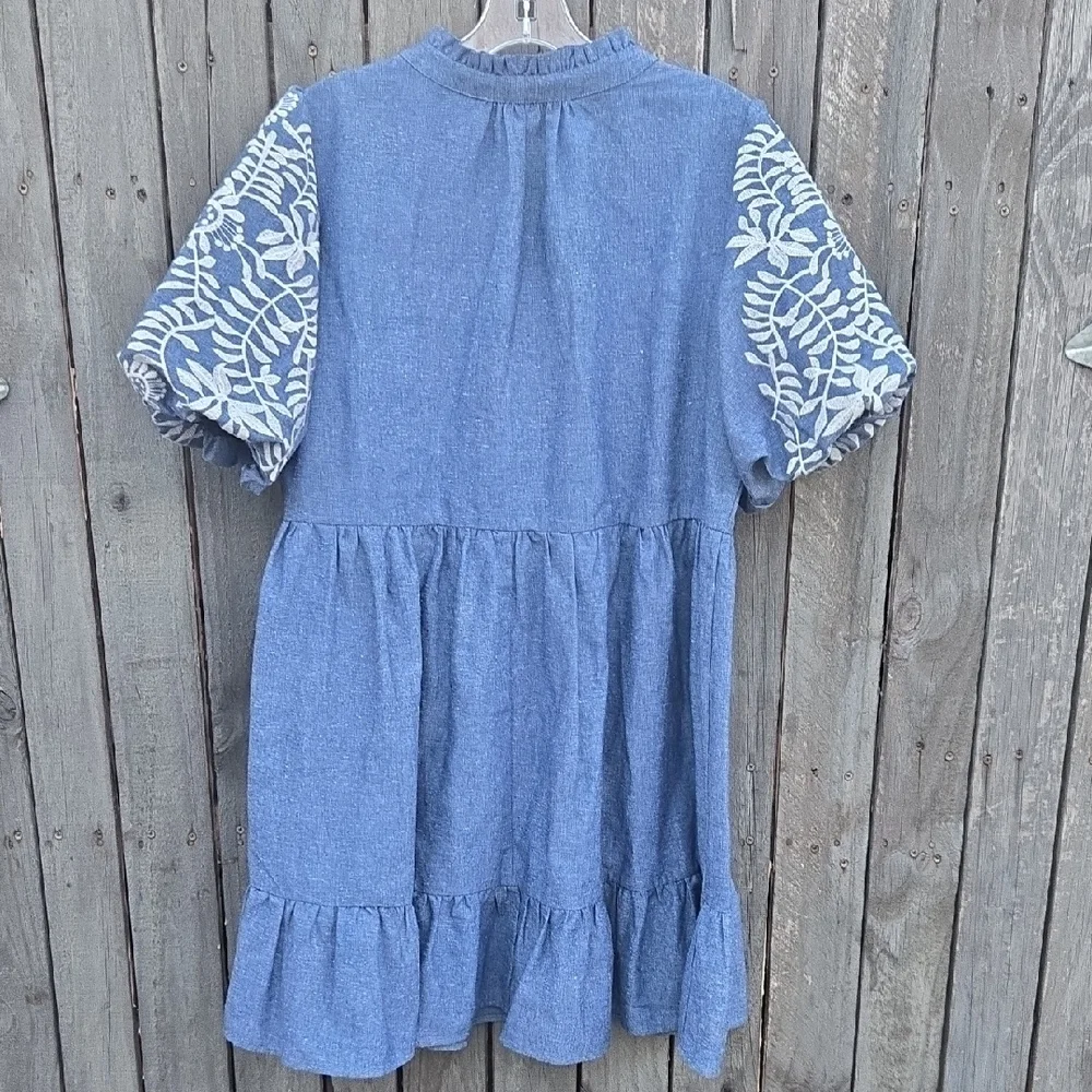 VOY Blue Dress with White Floral Sleeves Size M